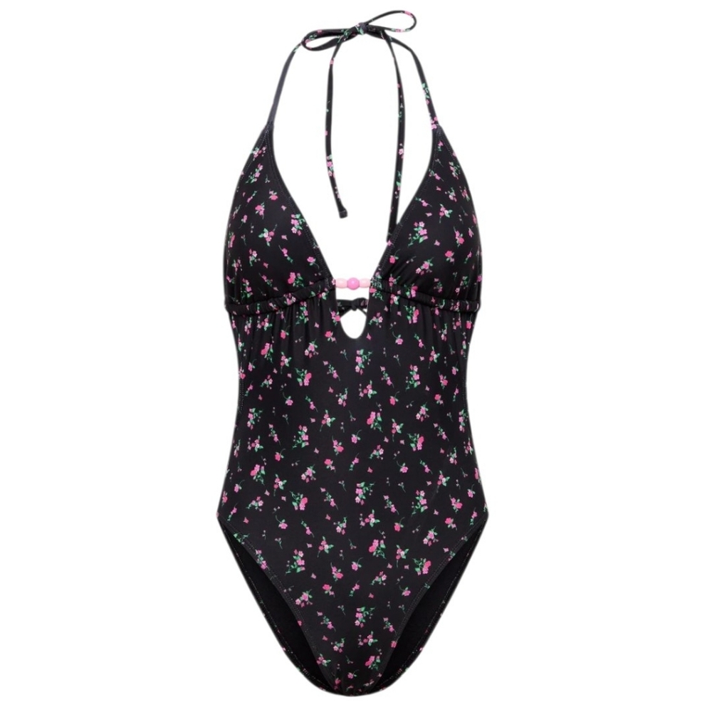 No Boundaries Wild Flower Black Plunge One-Piece Plus Size Swimsuit Size XXL